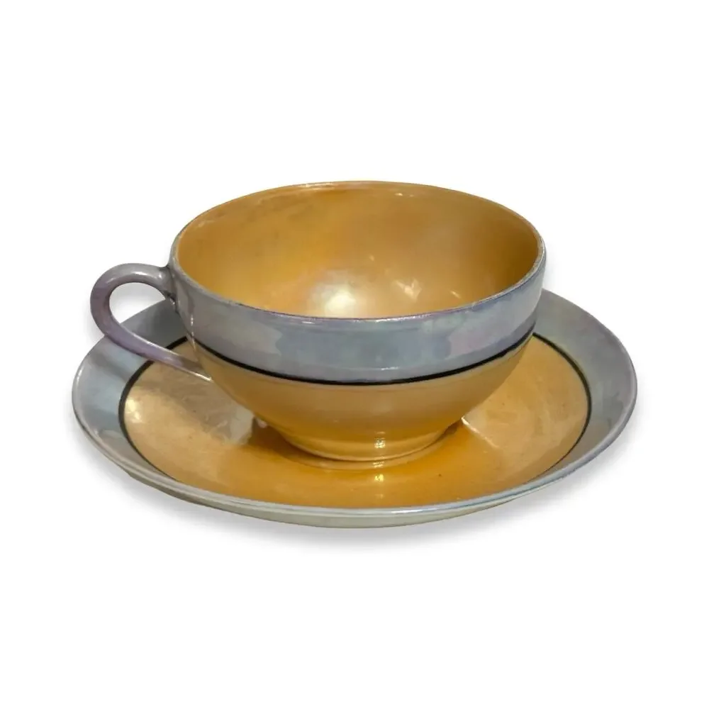 Vintage 1930s Japan Art Deco Lusterware Cup Saucer Butterscotch Gray Black